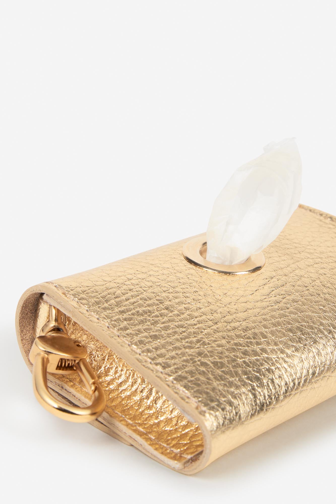 Detalle dispensador portabolsas para perros de color dorado metalizado